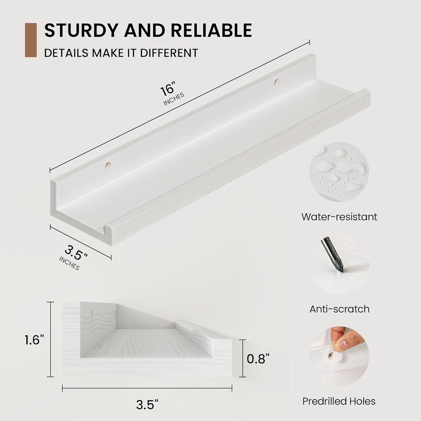 Picture Ledge Shelf, Solid Pine Wood Floating Shelves Set of 4, 16 Inches Nursery Book Shelves for Toys Storage, Kids Bookshelf Wall Mounted for Living Room Decor Photo Frames, White