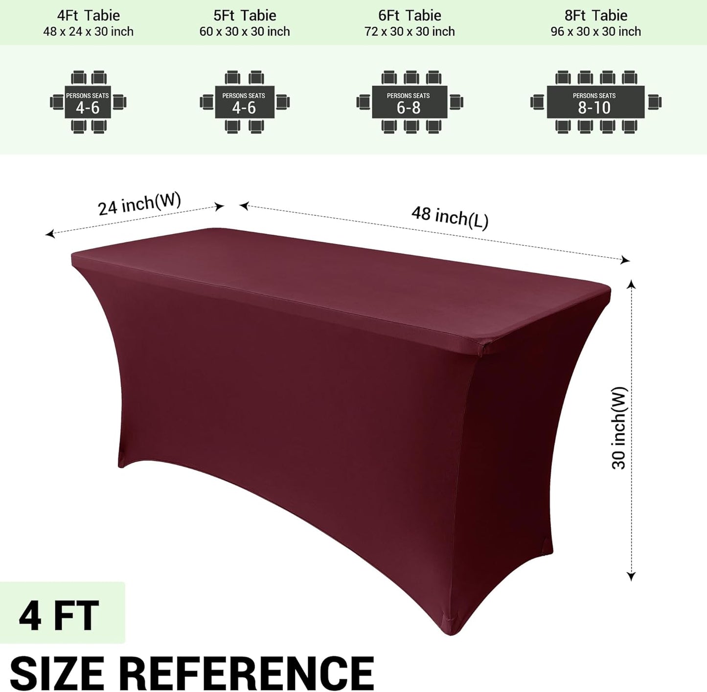 Obstal 4Ft Stretch Spandex Table Cover for Standard Folding Tables - 2 Pack Universal Rectangular Fitted Tablecloth for Party, Banquet, Events, Trade Show (Wine Red, 48L x 24W x 30H Inches)