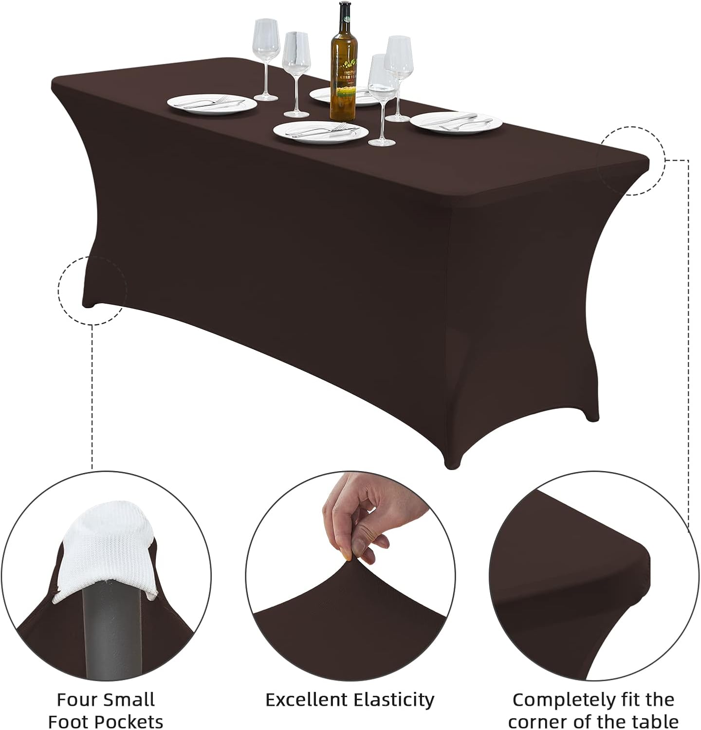 CWK 4FT Waterproof Stretch Spandex Table Cover for Rectangular Tables - Elastic Fitted Tablecloth for Folding Tables,Wrinkle Resistant Table Cloth for Parties, Weddings, Banquets & Events (Coffee)