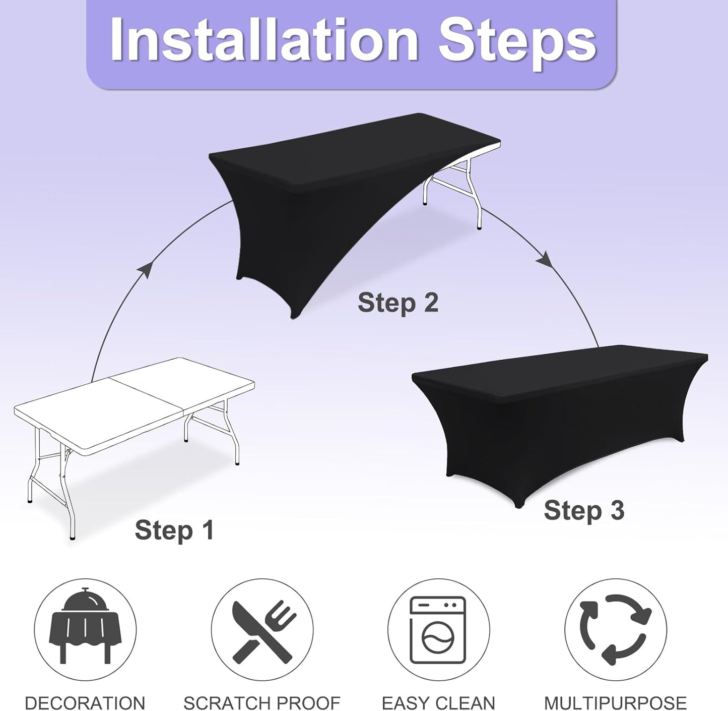 ABCCANOPY 4 Pack 8 FT Black Spandex Table Cover Stretch Fitted Wrinkle Resistant Tablecloth Reuse for Rectangular Folding Table Patry Event Wedding Banquet Protector