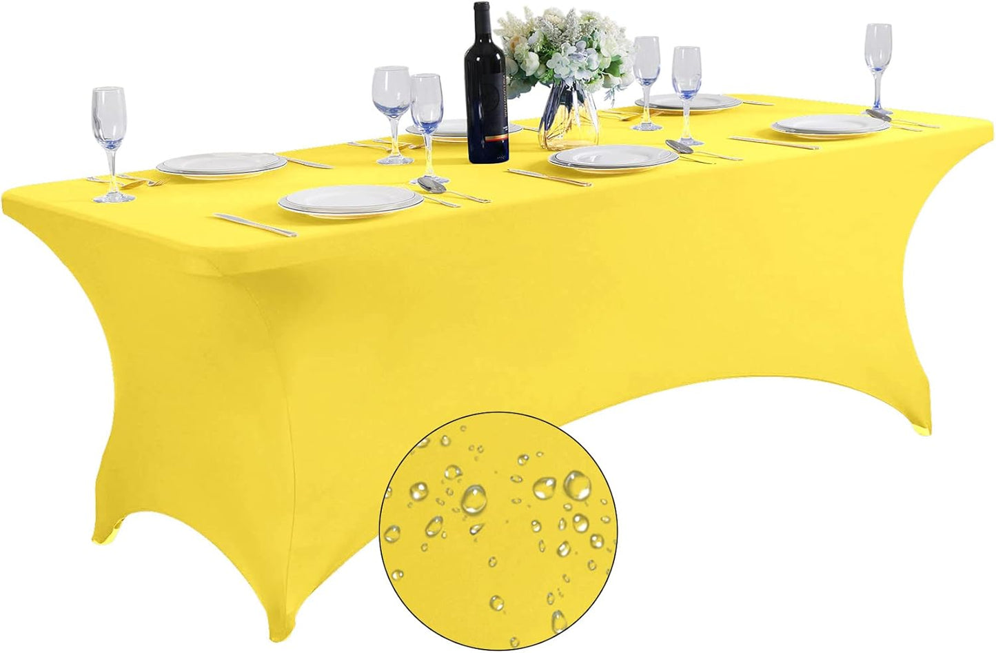 SuperO Waterproof Spandex Table Cover for 8FT Table Universal Fitted Stretch Tablecloth for Party, Banquet, Wedding and Events-Yellow