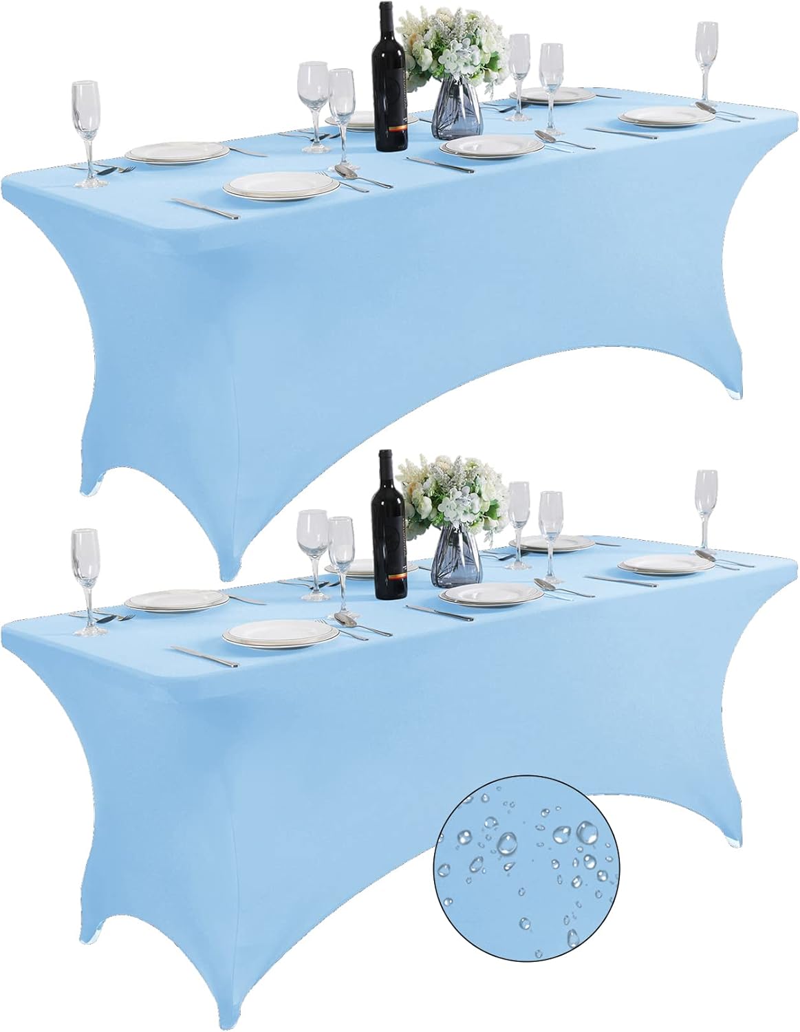 SuperO 2Pack Waterproof Spandex Table Cover for 6FT Table Universal Fitted Stretch Tablecloth for Party, Banquet, Wedding and Events-Blue Mist