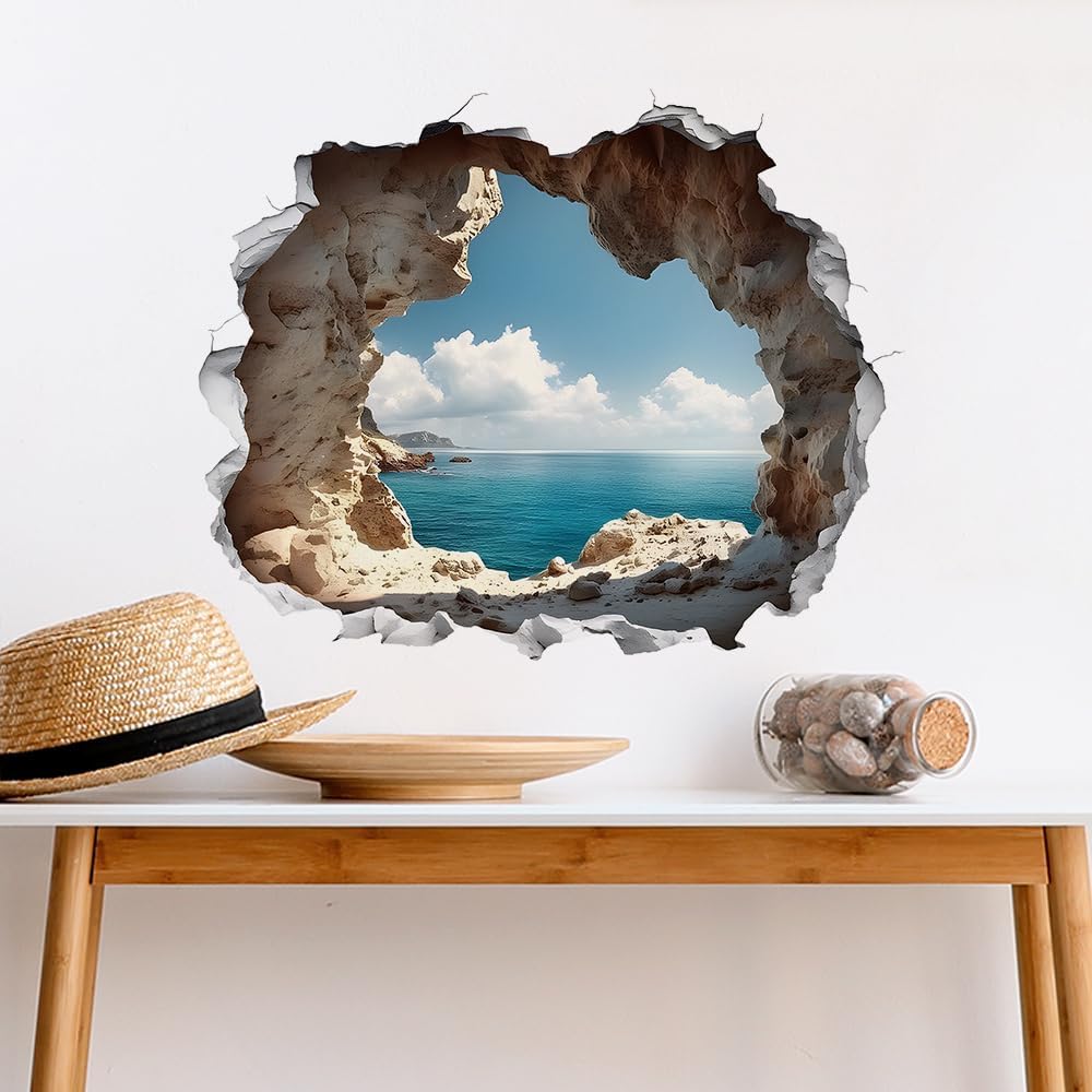 Cave by The Sea Wall Stickers for Living Room Large 3D Broken Wall Wall Decals Removable Peel and Stick Wall Art Home Decor Decoration for Bedroom Bathroom Classroom Library