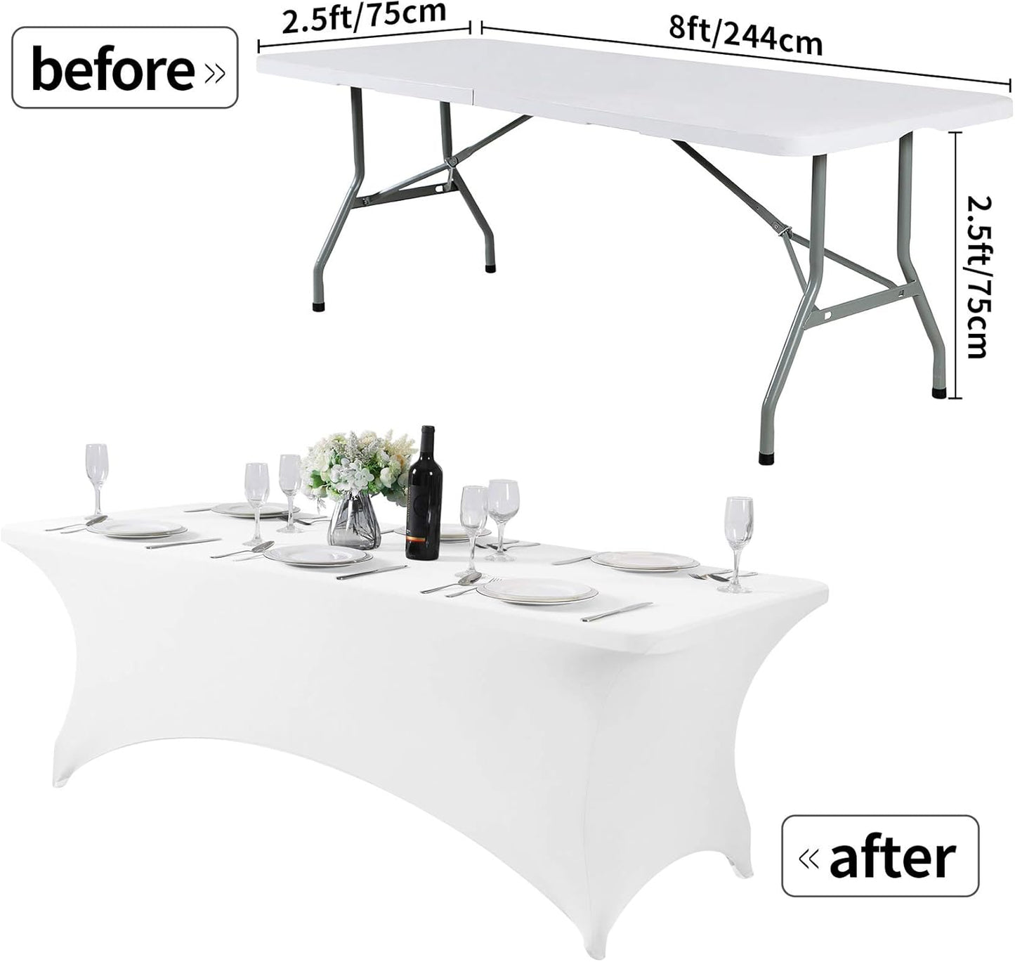 Spandex Table Cover for 8FT or 4ft or 6ft Table Universal Fitted Stretch Tablecloth for Party, Banquet, Wedding and Events-White