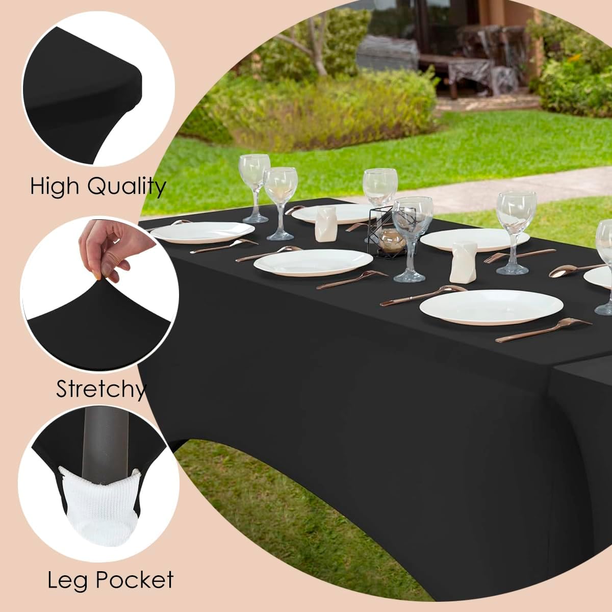 Craft And Party 2 Pack 6ft Black Spandex Tablecloth – Fitted Table Cloths – Stretch Tablecloth Universal Fit for Folding Tables – Wrinkle-Free, Washable – Ideal for Parties, Weddings, Events