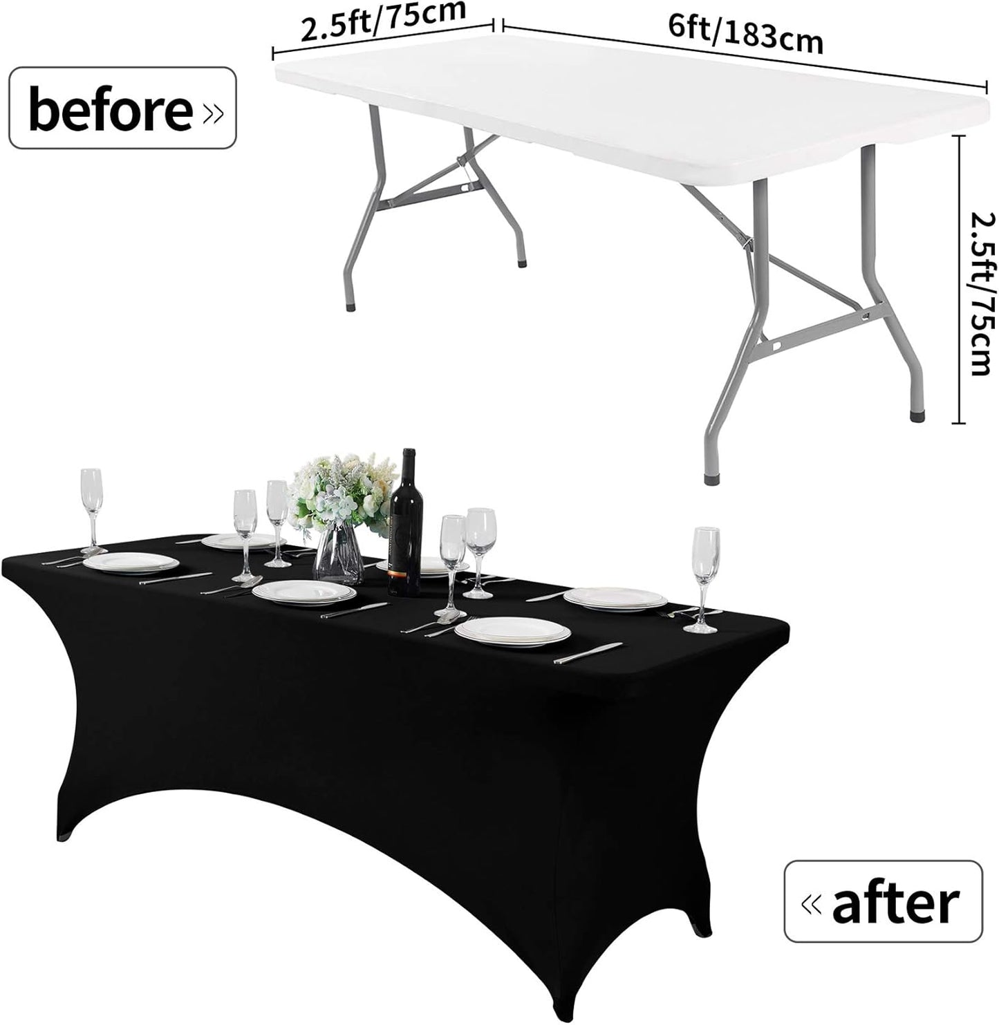 2Pack Spandex Table Cover for 6Ft or 4fT or 8ft Table Universal Fitted Stretch Tablecloth for Party, Banquet, Wedding and Events-Black