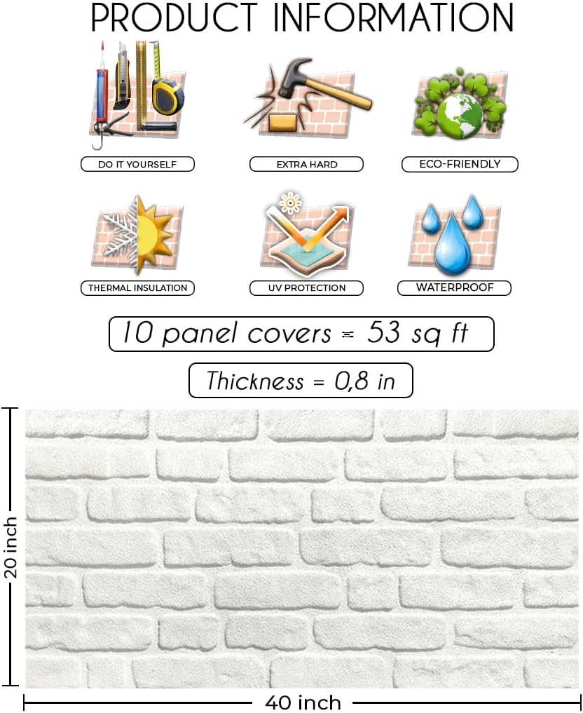 IZODEKOR 3D Stone Effect Wall Panels - Faux Stone Paneling for Living Room, Kitchen, Bathroom and More | Snow White - Pack of 10 Covers 53 sq ft