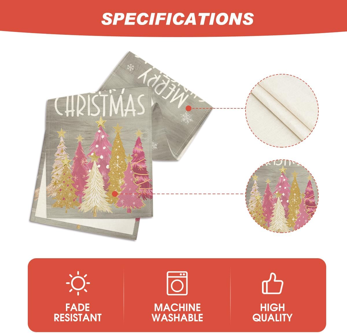 Artoid Mode Xmas Trees Snowflakes Gray Pink Merry Christmas Table Runner, Winter Seasonal Kitchen Dining Table Decoration for Home Party Decor 13x72 Inch