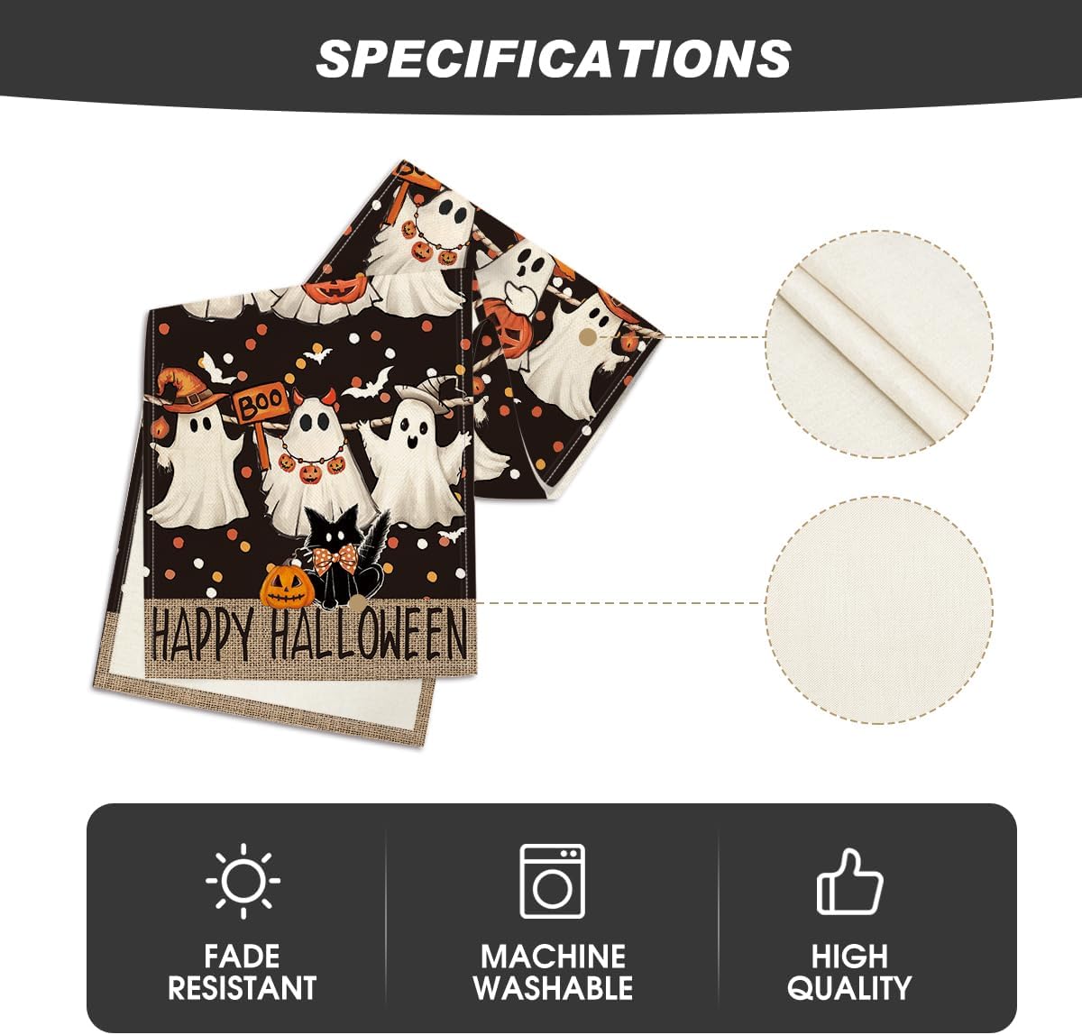 Artoid Mode Ghost Jack-O'-Lantern Black Cat Halloween Table Runner,Holiday Kitchen Dining Table Decoration for Home Party Decor 13 x 72 Inch