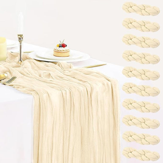 10 Pack Beige Cream Cheesecloth Table Runner 35x120 Inches, Farmhouse Rustic 10ft Gauze Cheese Cloth Table Runner for Wedding Banquets Bridal Shower Birthday Party Home Decor