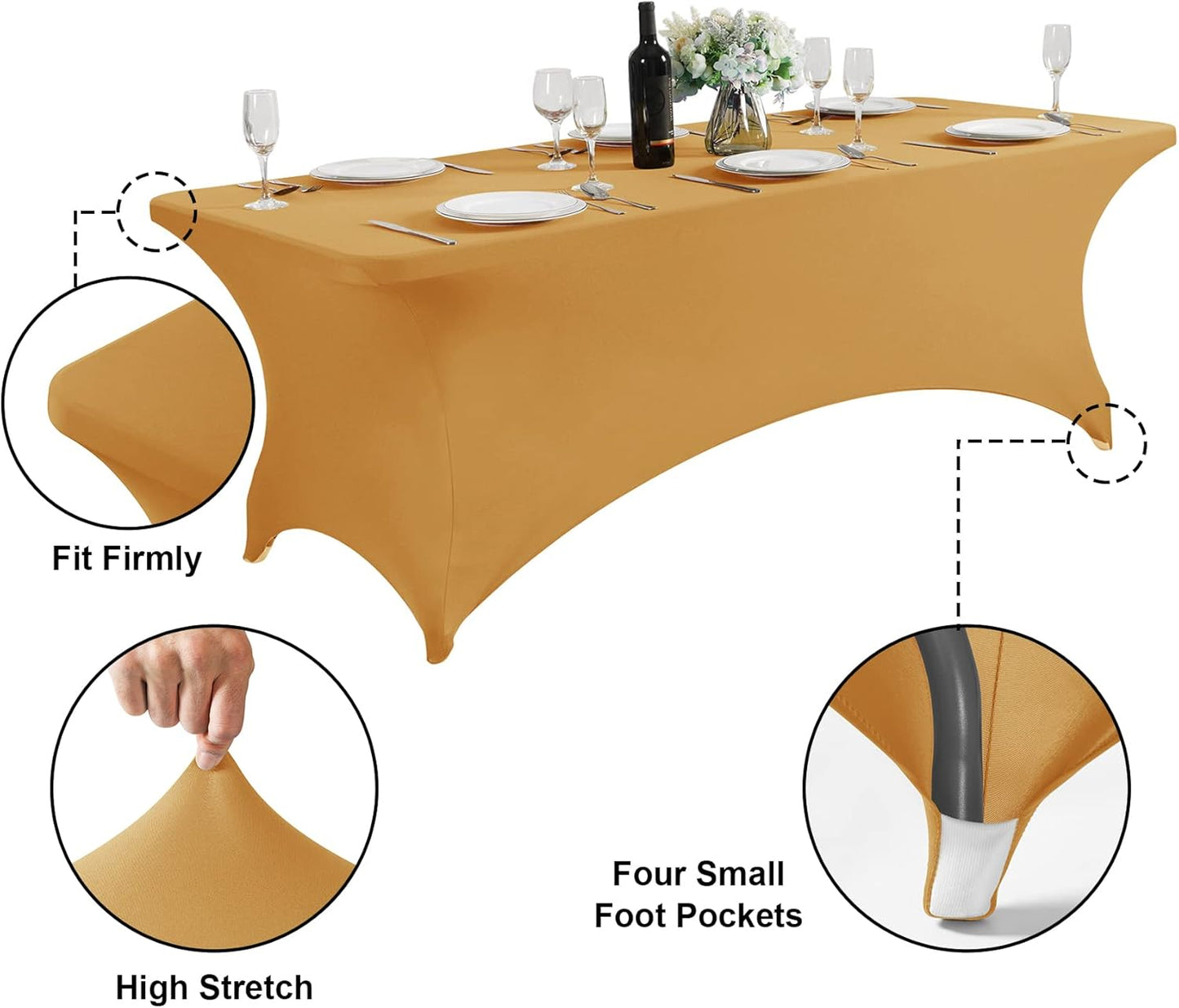 SuperO 2Pack Waterproof Spandex Table Cover for 6FT Table Universal Fitted Stretch Tablecloth for Party, Banquet, Wedding and Events-Gold
