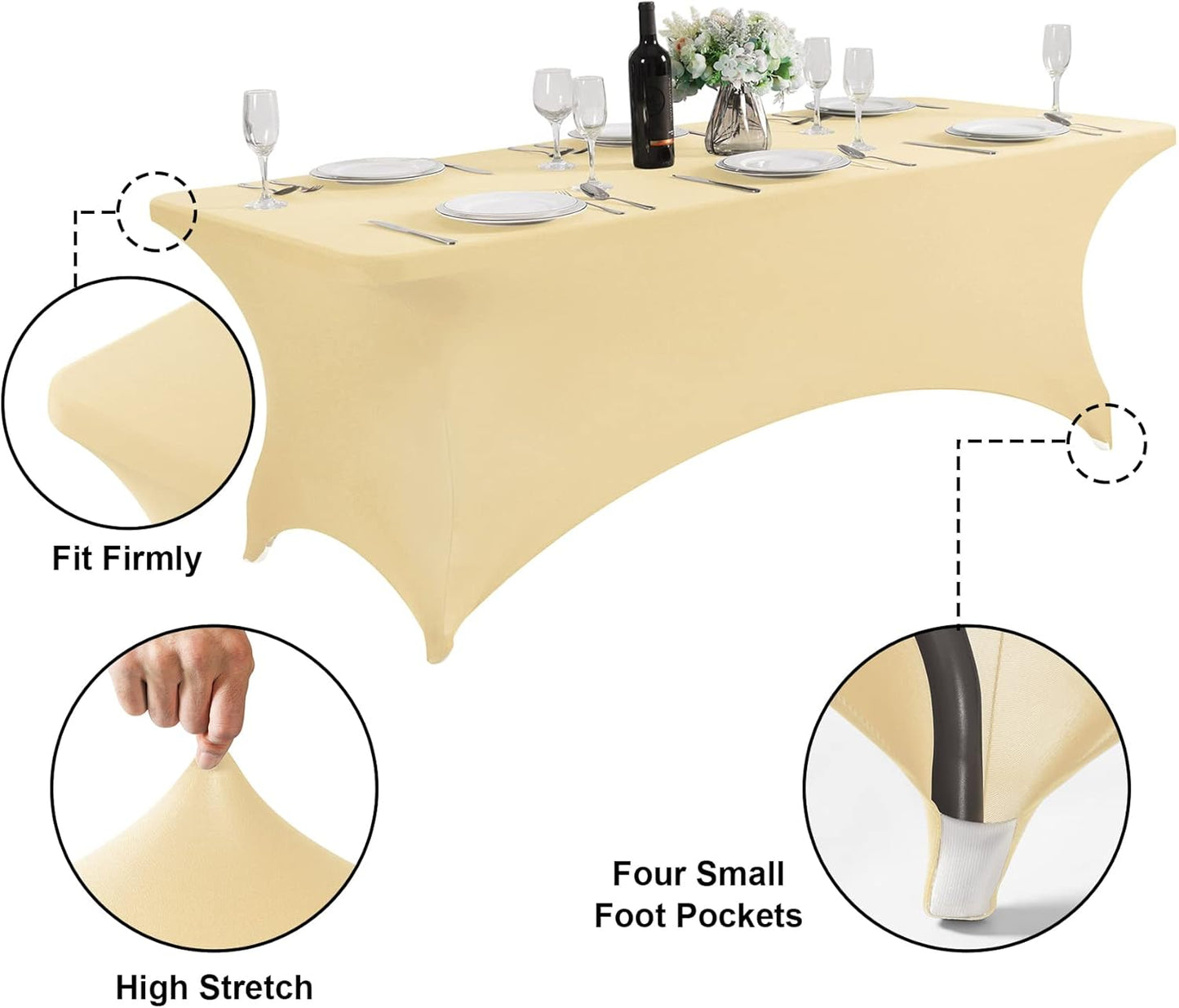 SuperO Waterproof Spandex Table Cover for 8FT Table Universal Fitted Stretch Tablecloth for Party, Banquet, Wedding and Events-Champagne