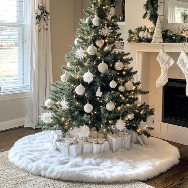 AOGU 72 Inch Faux Fur Christmas Tree Skirt White Plush Skirt for Merry Christmas Party Christmas Tree Decoration