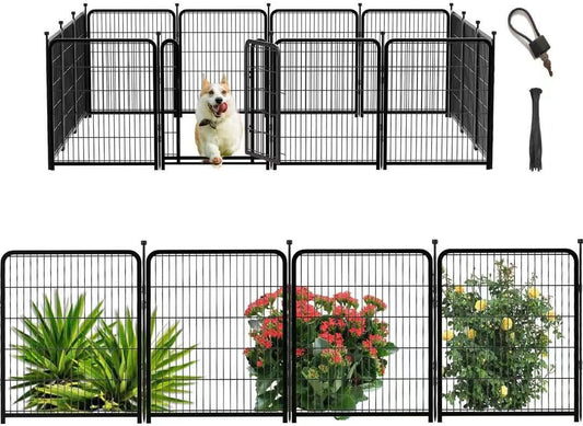 Dog Playpen 48inch 12 Panels, Puppy Playpen Indoors, Dog Fence Outdoor for Yard, Wide Door Low Threshold Garden Fence for Medium/Large Pets. Black Dog Pens Total 26.6 Ft(L)