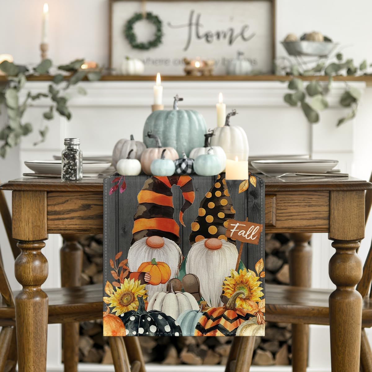Artoid Mode Fall Gnomes Pumpkins Sunflower Maple Leaves Thanksgiving Table Runner, Seasonal Harvest Vintage Kitchen Dining Table Decoration for Indoor Outdoor Home Party Decor 13 x 108 Inch