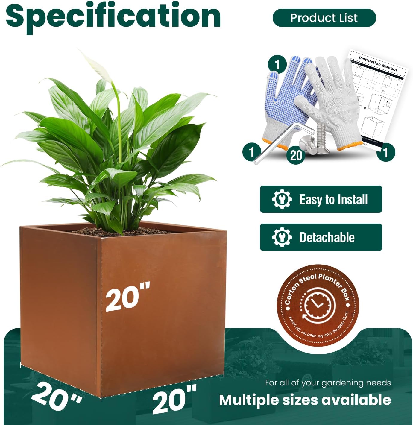 Corten Steel Planter Box Outdoor Planter Metal Square Large Steel Flower Pot Rustic Cube Patina Tall Plant 20 Inch Durable Antique for Commercial Residential Patio Deck Yard Garden