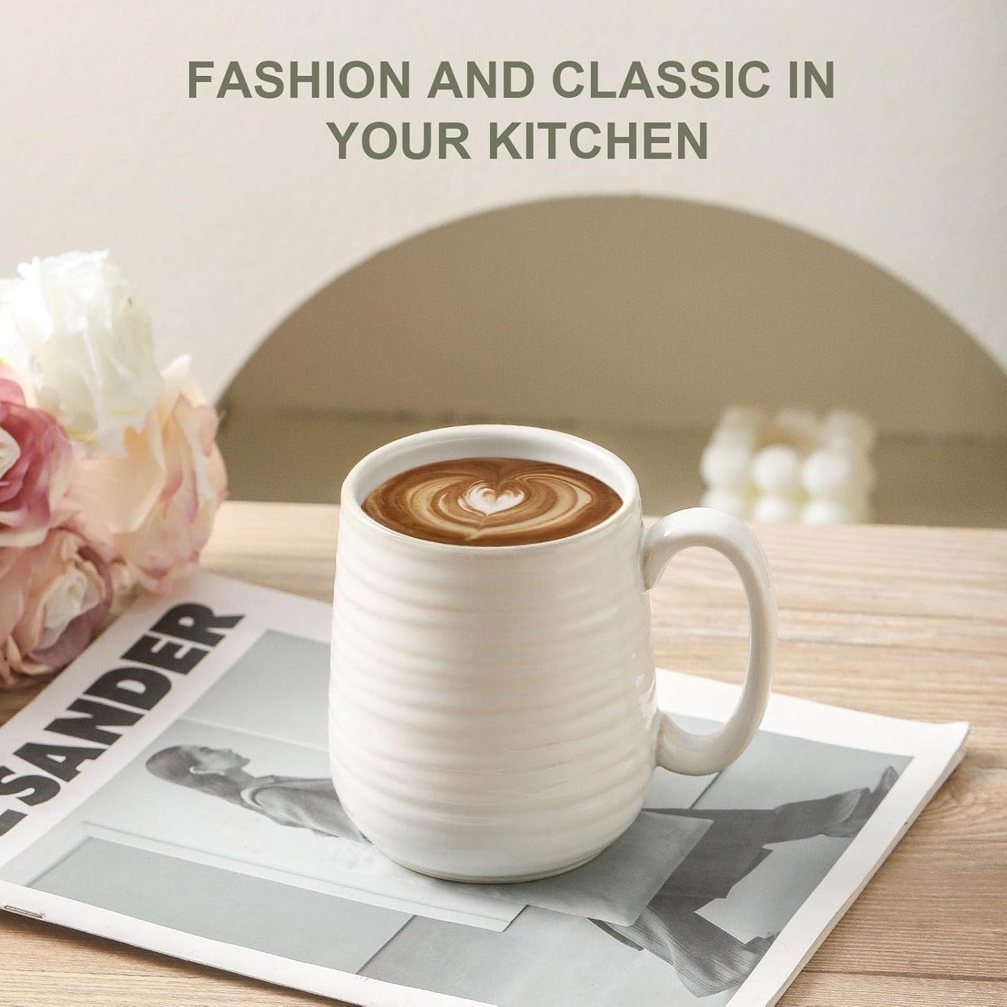 Hasense Coffee Mugs, 12 Ounce Ceramic Coffee Cups Set of 4, Latte Mug with Handle for Milk, Cocoa, Cappuccino, Tea Cup for Wedding Gift, Dishwasher Microwave Safe, Clay-Infused White