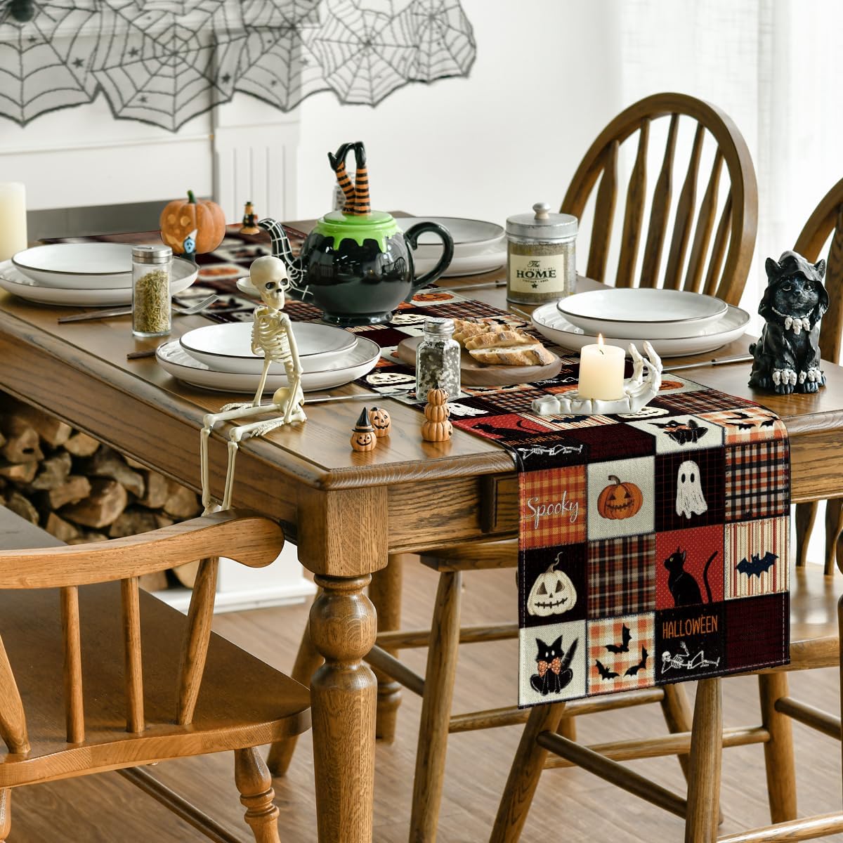 Artoid Mode Black Cat Bat Pumpkin Spooky 210 GSM Halloween Table Runner, Ghost Kitchen Dining Table Decoration for Home Party Decor 13x120 Inch