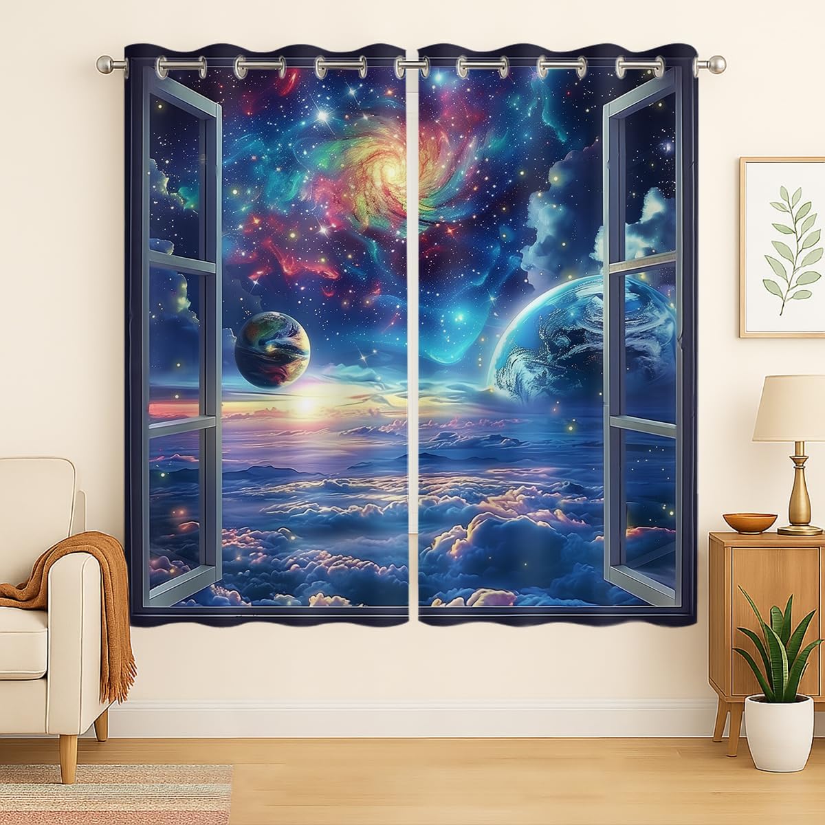 Space Galaxy Blackout Curtains for Girls Boys Kids Home Decor, Universe Nebula Galaxies Solar Planet Grommet Thermal Insulated Drapes Darkening Window Curtain for Bedroom Living Room, 84 x 84 Inch