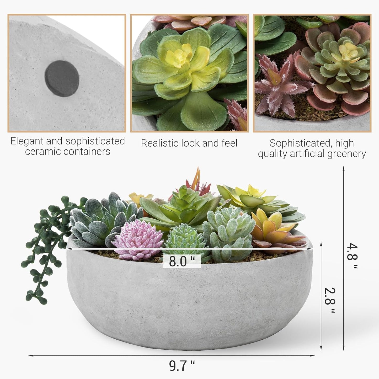 MyGift 8 Inch Round Modern Artificial Succulent Arrangement Potted in Gray Concrete Plant Bowl, Assorted Faux Mini Succulents in a Decorative Planter Pot