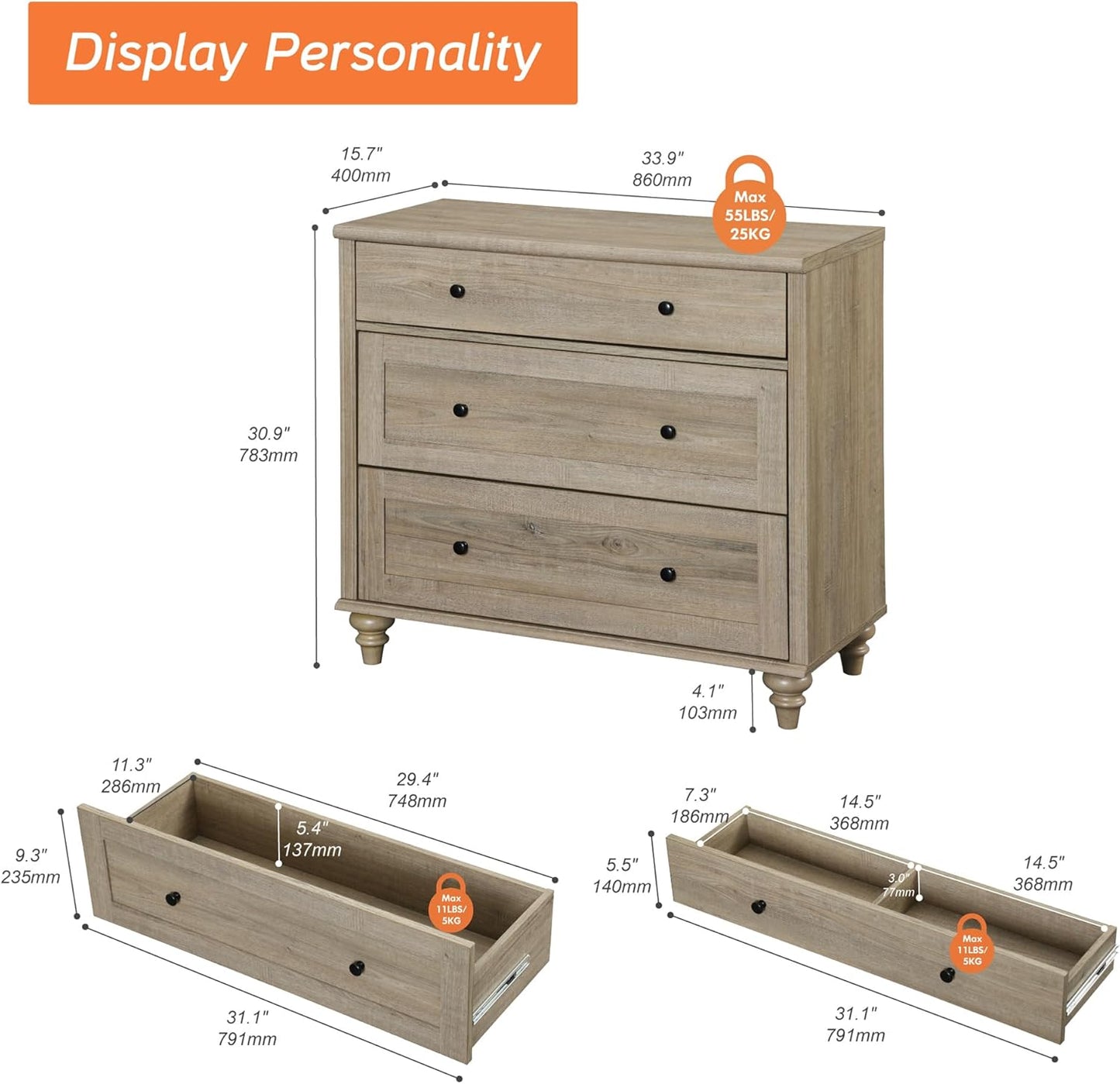 WAMPAT Baby Dresser for Bedroom with 3 Drawers, Kids Dressers with Wide Chest of Drawers, Modern Wooden Closet Storage Organizer, Small Dressers for Living Room, Nursery, Hallway, Rustic Oak