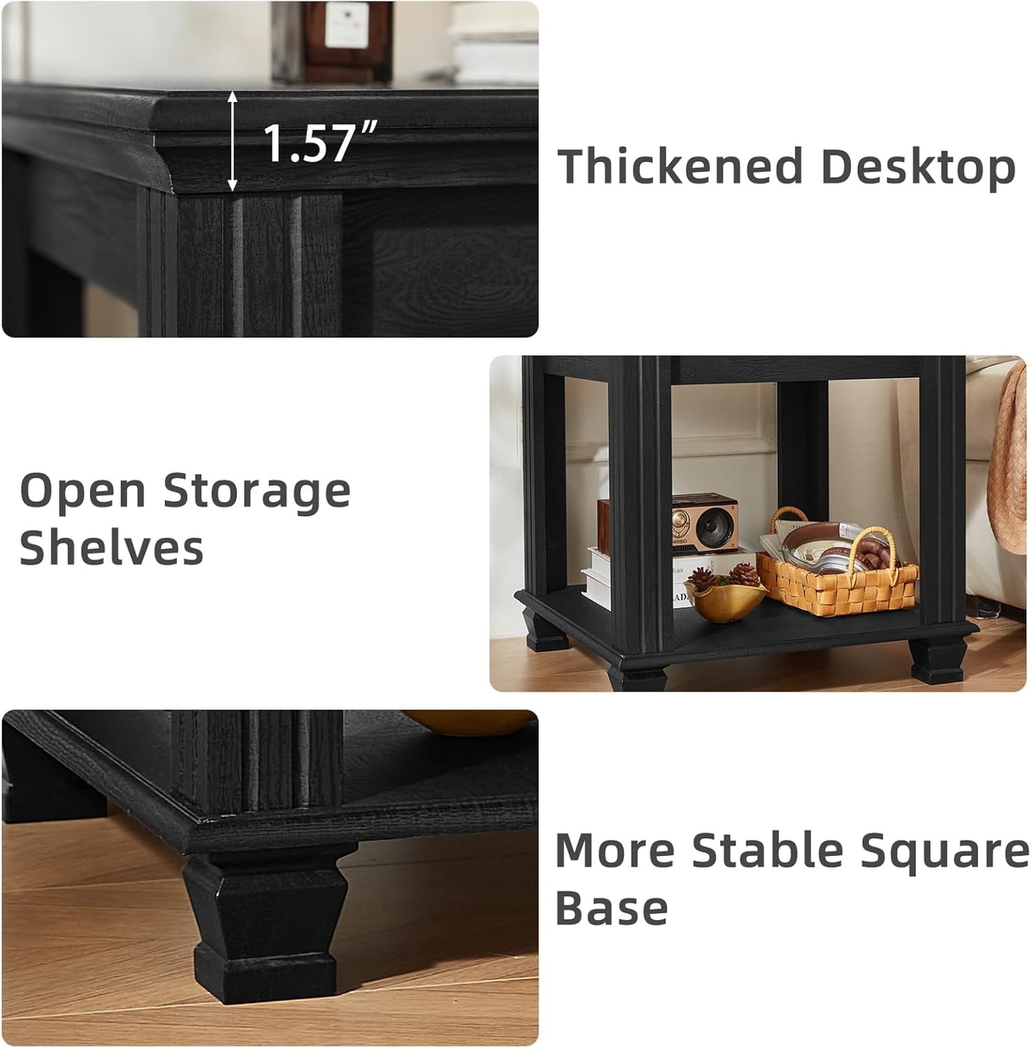 Farmhouse End Table,Large Side Table with 2-Tier Storage Shelf,Rustic Wood End Tables for Living Room,Square Tea Table,Black