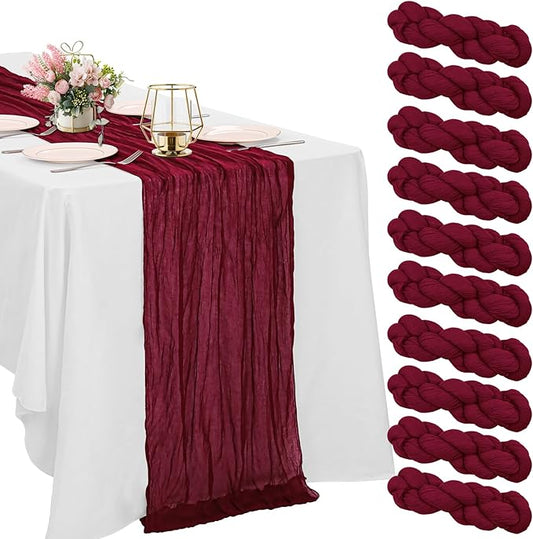 10 Pack Burgundy Cheesecloth Table Runner 10FT Boho Gauze Fabric Table Runner Vintage Rustic Sheer Runners for Wedding Party Bridal Baby Shower Long Table Decorations