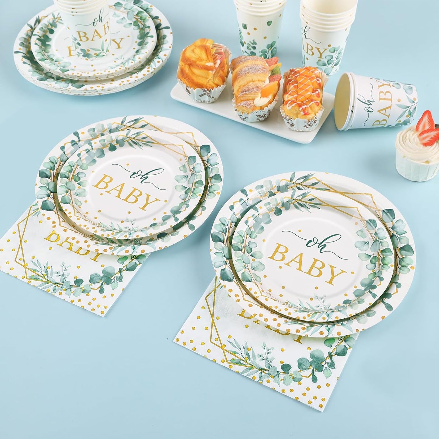 168 PCS Sage Green Baby Shower Decorations Neutral, Baby Shower Plates and Cups and Napkins Sets Serves 24, Oh Baby Plates for Boy, Gender Reveal, Green and Gold Plant Eucalyptus Boho