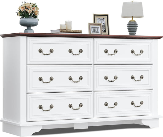 WLIVE Farmhouse Dresser for Bedroom, 51.97'' Wide Wood White Dresser with 6 Drawer, Chest of Drawers with Roman Metal Handle, TV Stand for 60 inch TV, for Living Room, Hallway