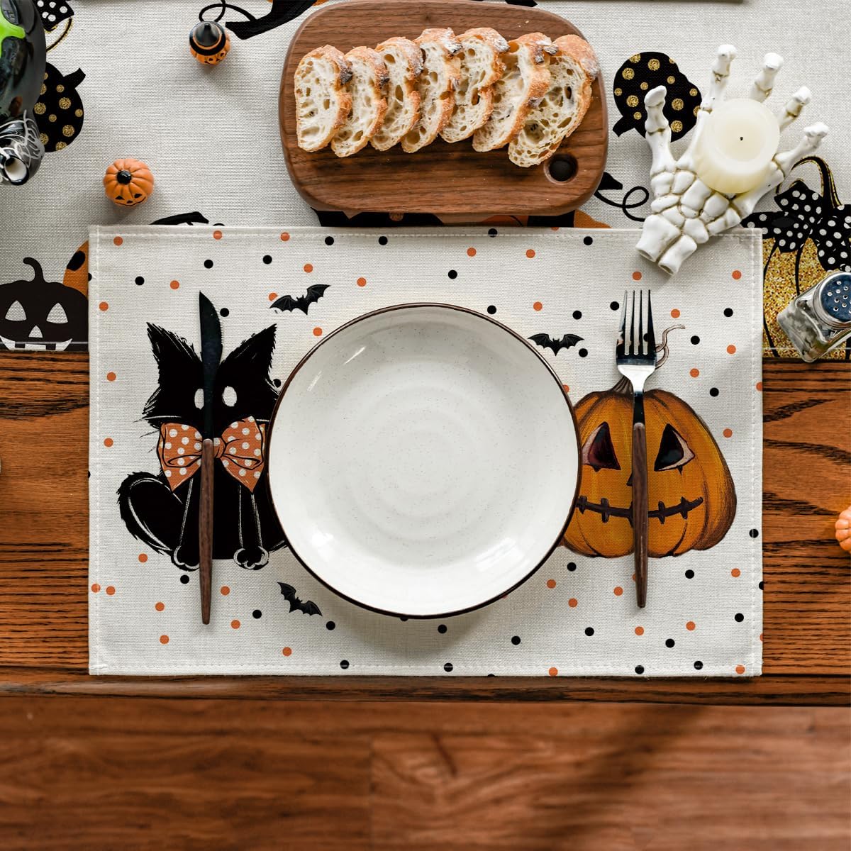 Artoid Mode Beige Polka Dot Ghost Pumpkin Cat Boo Halloween Placemats Set of 4, 12x18 Inch Seasonal Table Mats for Party Kitchen Dining Decoration