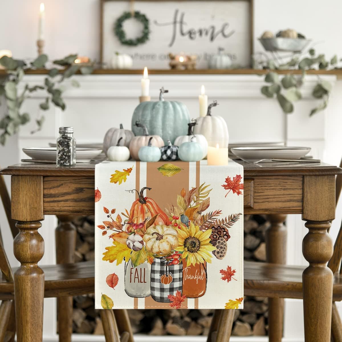 Artoid Mode Thankful Fall Pumpkin Leaves Floral Vases Table Runner, Autumn Thanksgiving Kitchen Dining Table Decoration for Home Party Decor 13x108 Inch