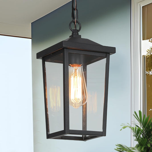 LOG BARN Outdoor Pendant Light Fixture, Farmhouse Exterior Lights, Anti-Rust Ceiling Outdoor Light with Clear Glass, Lantern Hanging Light for Front Door, Entry, Porch, and Gazebo