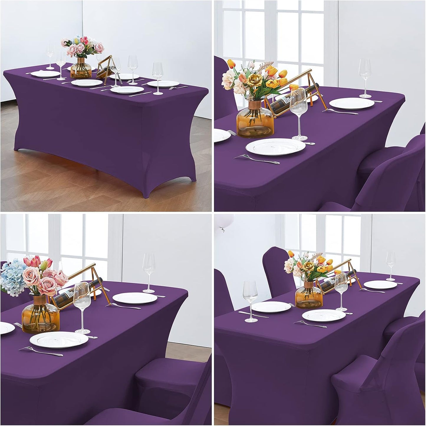 CWK 6FT Waterproof Stretch Spandex Table Cover for Rectangular Tables - Elastic Fitted Tablecloth for Folding Tables,Wrinkle Resistant Table Cloth for Parties, Weddings, Banquets & Events (Dark Puple)