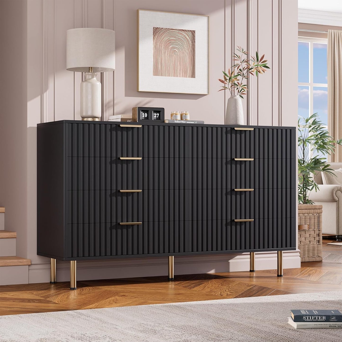 8 Drawer Dresser for Bedroom, Fluted 55" Wide Modern Chest of Drawers with Deep Drawers, Wooden Dresser Organizer for Living Room, Hallway, Kids Room, Black