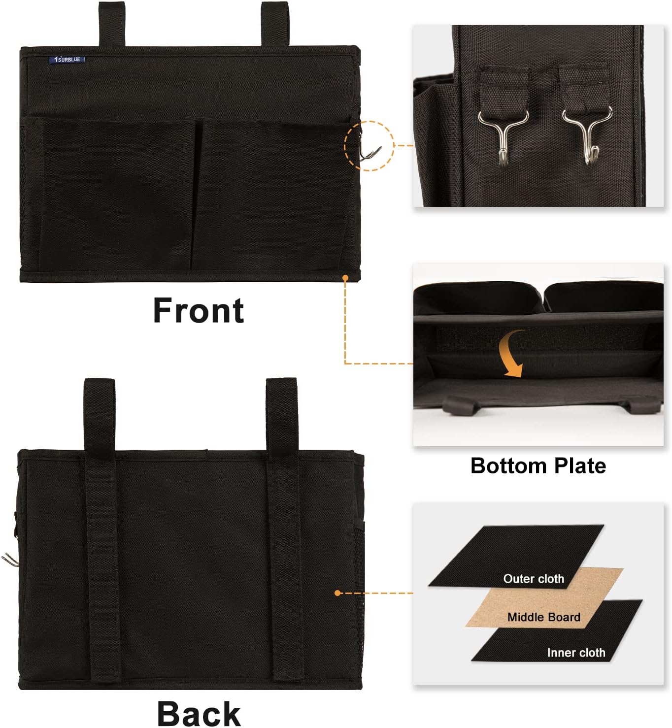 Surblue Caddy Hanging Organizer Bedside Storage Bag for Bunk and Hospital Beds, Black, Small