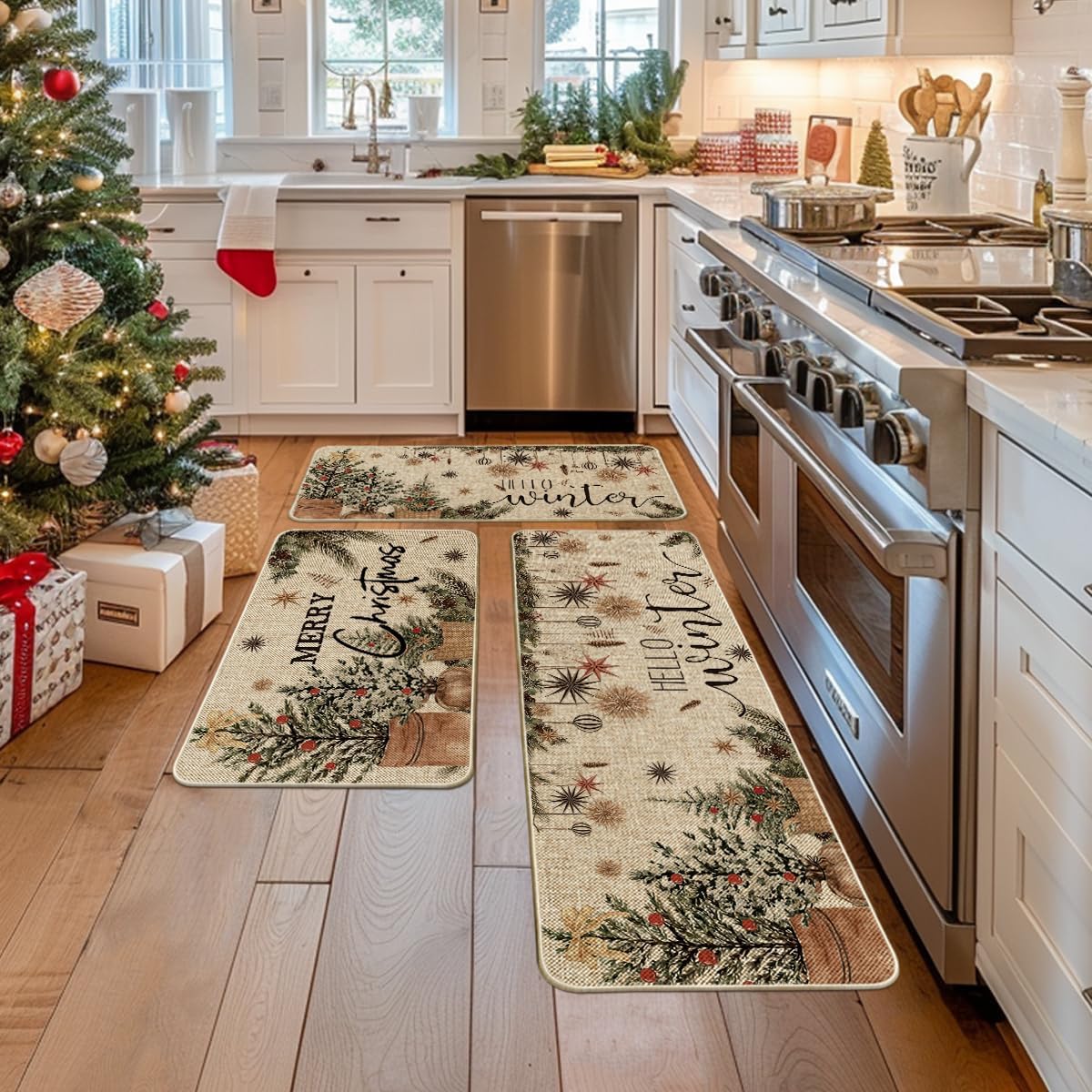 Artoid Mode Holly Ornament Merry Christmas Kitchen Mats Set of 2, Winter Home Decor Low-Profile Kitchen Rugs for Floor - 17"x29"+17"x36"+17"x47"