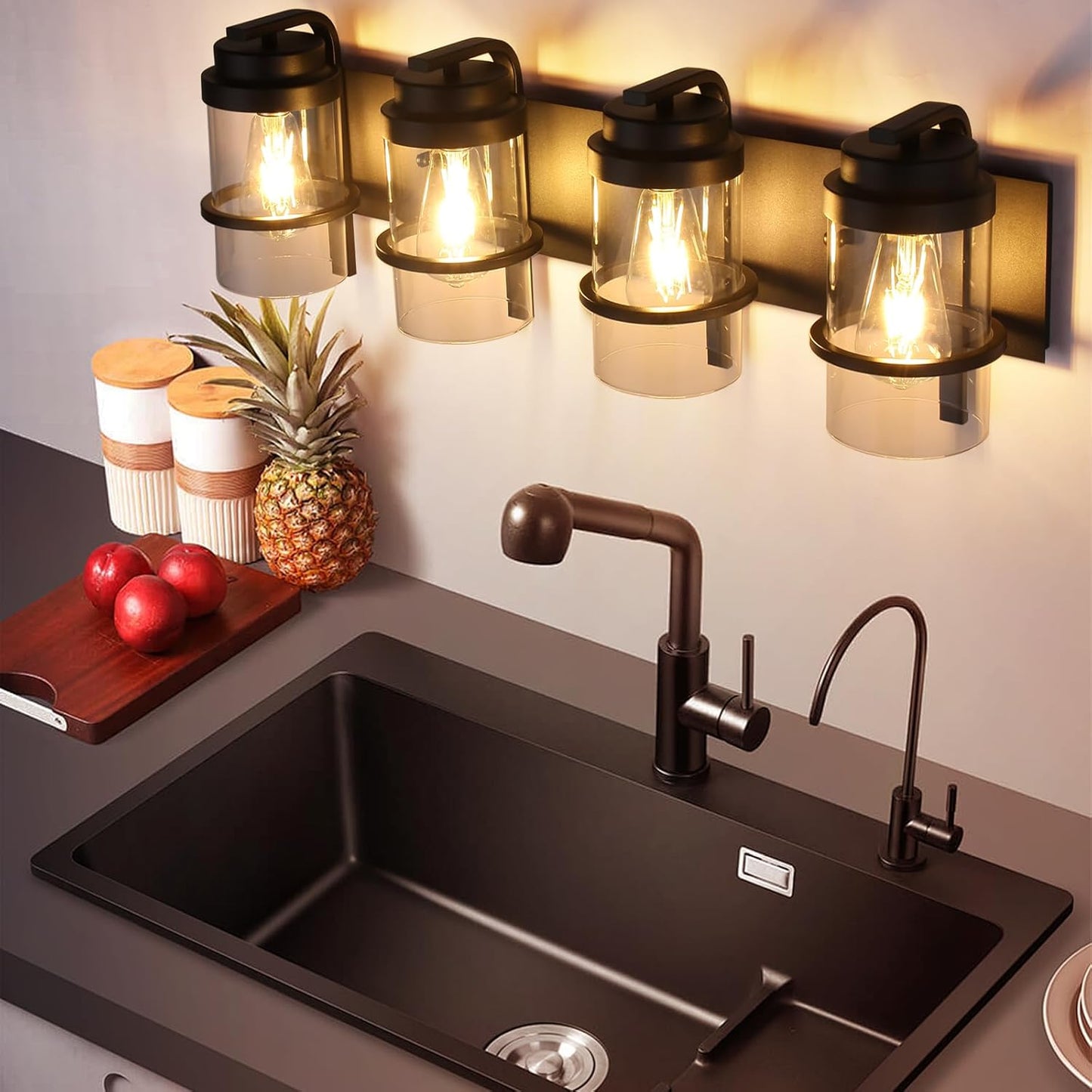 Bathroom Vanity Light Fixtures,4 Lights Matte Black Vanity Lights, Industrial Black Wall Sconces 4 Lights,Farmhouse Bathroom Lights(Bulbs not Included)