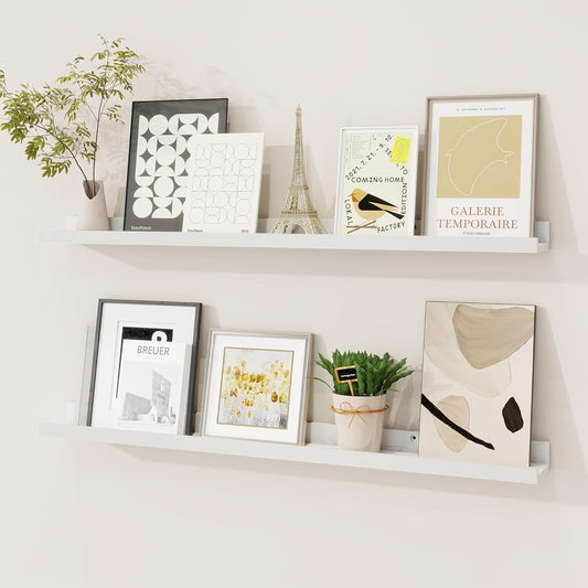 Picture Ledge Shelf, Solid Pine Wood Floating Shelves Set of 2, 32 Inches Nursery Book Shelves for Toys Storage, Kids Bookshelf Wall Mounted for Living Room Bedroom Decor Books Photo Frames, White