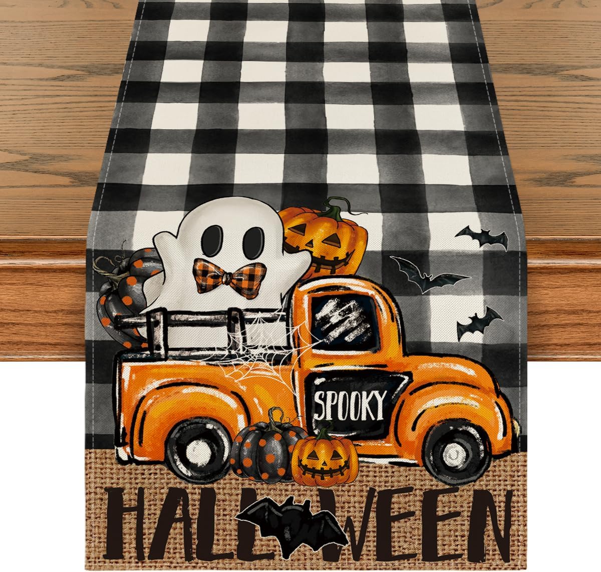 Artoid Mode Buffalo Plaid Bat Pumpkin Ghost Truck Spooky Halloween Table Runner, Sensonal Kitchen Dining Table Decoration for Home Party Decor 13x90 Inch