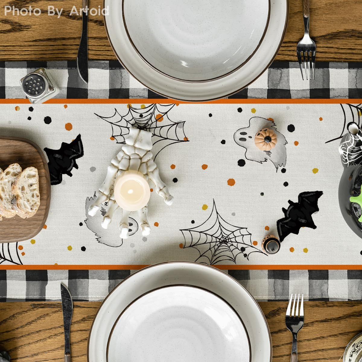 Artoid Mode Buffalo Plaid Gnome Bat Pumpkin Ghost Halloween Table Runner, Sensonal Kitchen Dining Table Decor for Home Party 13x90 Inch
