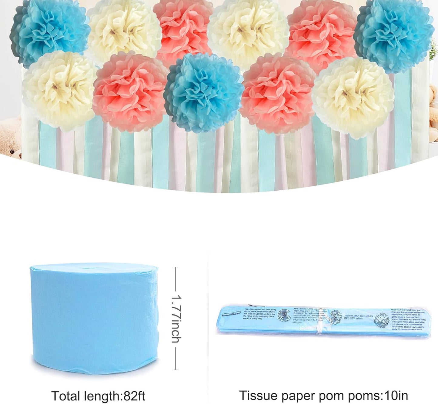 Dreamy Party Streamers Decorations Paper Pom Poms for Wedding Decor, Birthday Parties, Bachelor Parties, Baby Showers, Party Backgrounds, Ceiling Wall Hangings