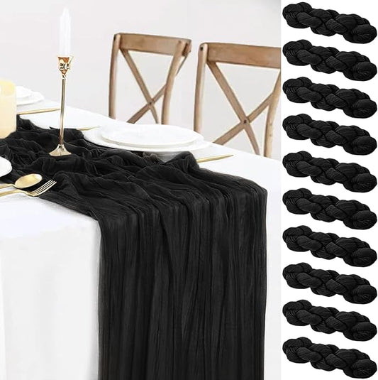 10 Pack Black Table Runner Cheesecloth Sheer Gauze Cheese Cloth Runner 10FT Long Goth Black Table Runner for Wedding Party Baby Shower Birthday Home Decor Holiday Decorations