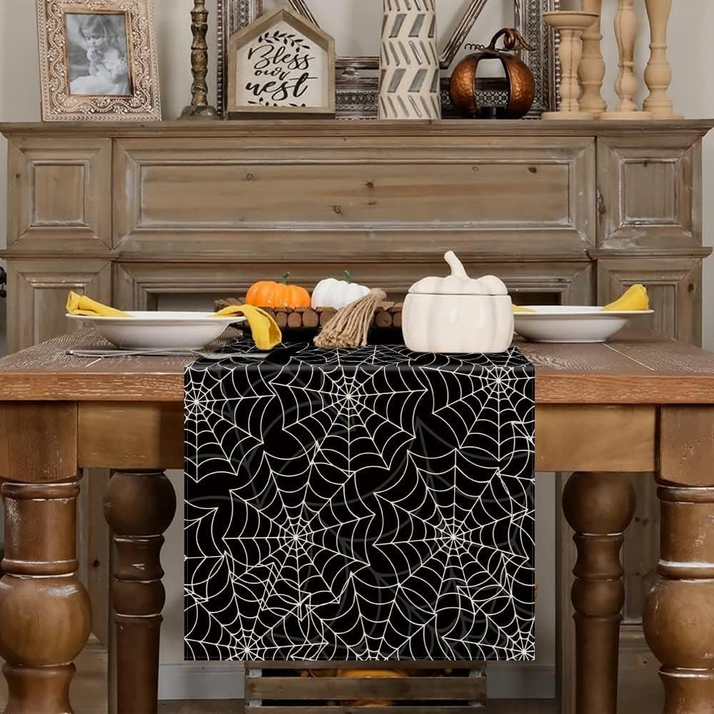 Halloween Table Runner Spider Web Black Linen Table Runners for Seasonal Holidays Indoor Outdoor Kitchen Dining Party Home Decor 13 x 36 Inch