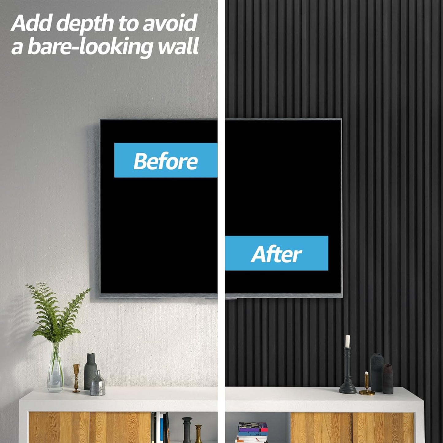 Art3d WPC Slat Wall Panels, 8-Pack 108 x 6 Inch 3D Wall Accents for Interior Wall Decor, Living Room, Bedroom, Black