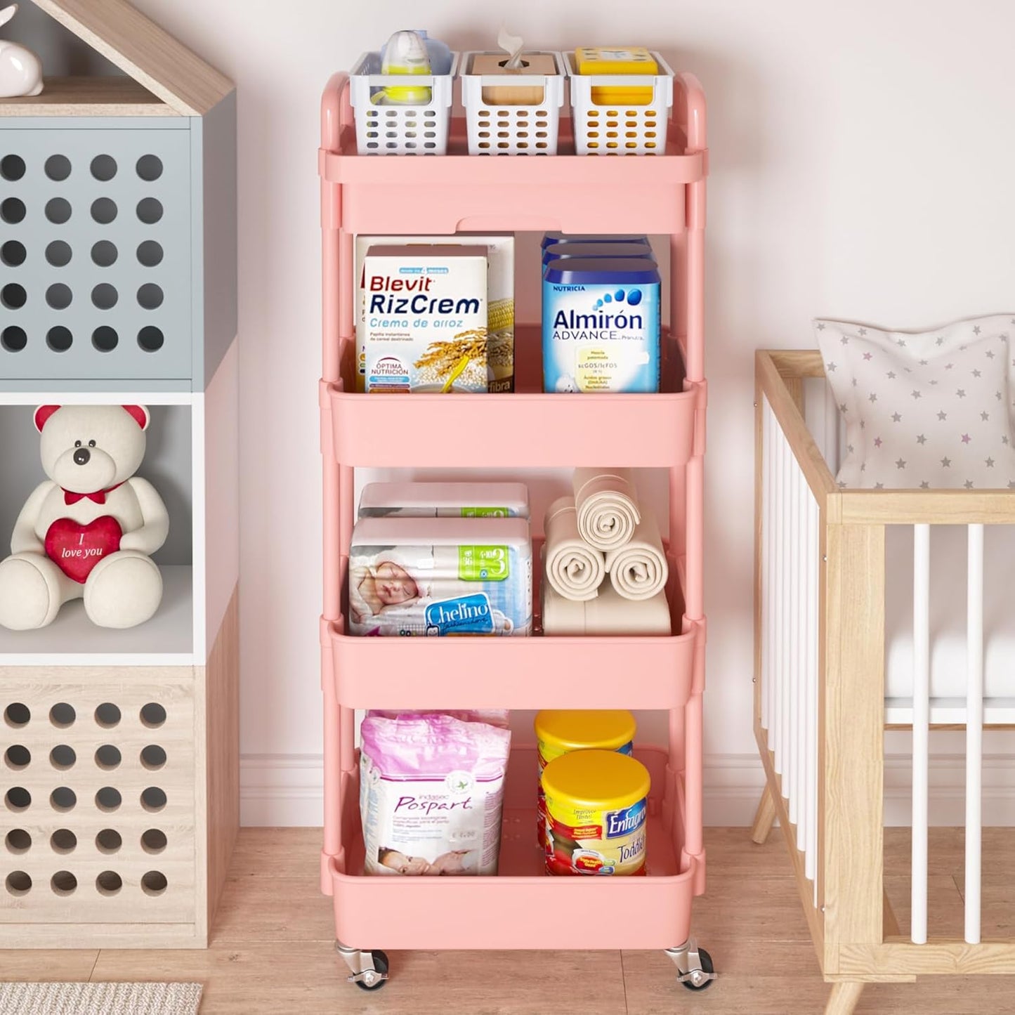 Calmootey 4-Tier Rolling Utility Cart with Drawer,Multifunctional Storage Organizer with Plastic Shelf & Metal Wheel,Storage Cart for Kitchen,Bathroom,Living Room,Office,Pink