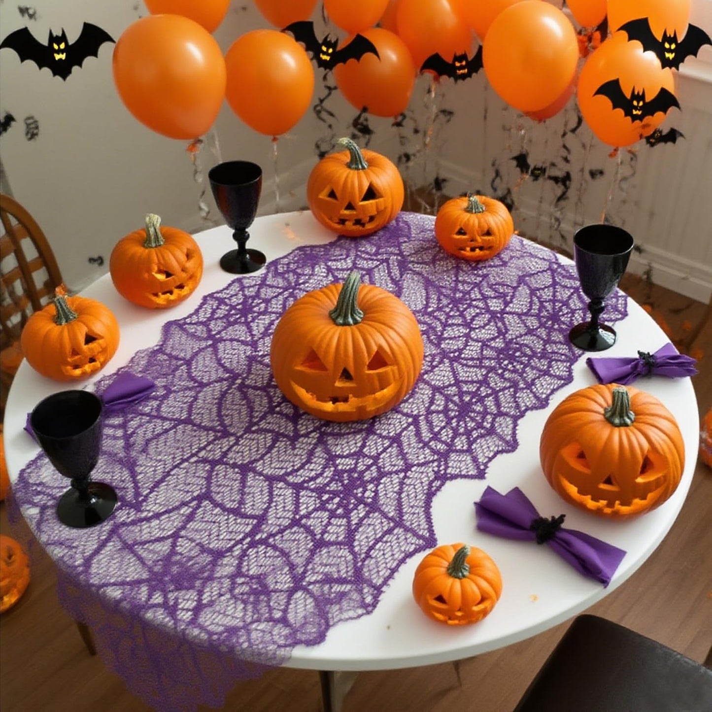 1-Pack Halloween Table Runner, Purple Spider Web Lace Table Runner, Gothic Kitchen Decor, Fall-Themed Party Decorations, Spider Web Reusable Home Accent, 13 x 72 Inches