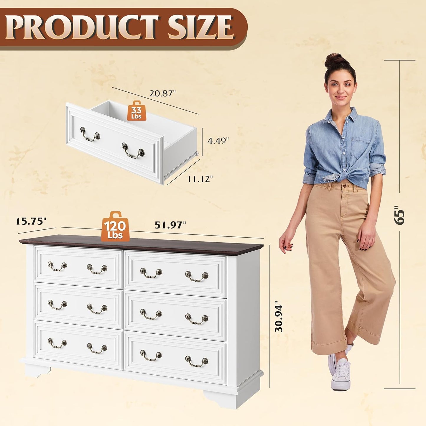 WLIVE Farmhouse Dresser for Bedroom, 51.97'' Wide Wood White Dresser with 6 Drawer, Chest of Drawers with Roman Metal Handle, TV Stand for 60 inch TV, for Living Room, Hallway