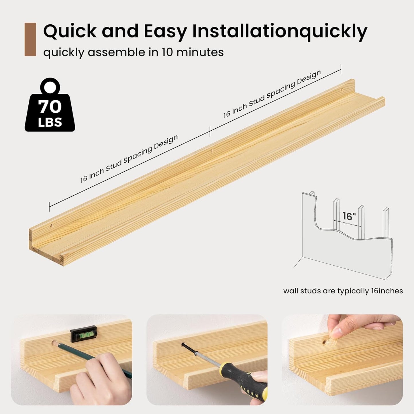 Picture Ledge Shelf, Solid Pine Wood Floating Shelves Set of 2, 32 Inches Nursery Book Shelves for Toys Storage, Kids Bookshelf Wall Mounted for Living Room Decor Photo Frames, Unfinished Natural
