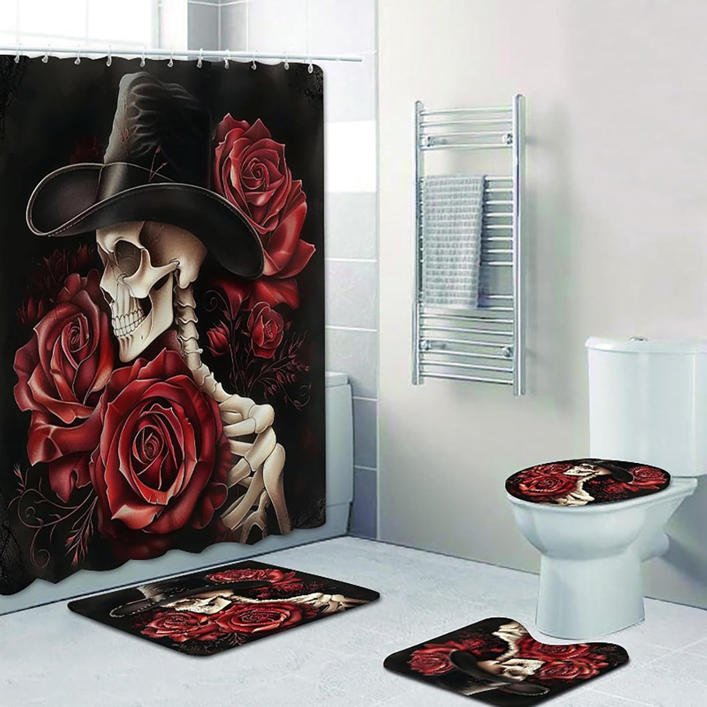 NEWSUYAA Halloween Decorations Shower Curtain Set with Non-Slip Rugs and Bath Mats,Black Skull Skeleton Bathtub Curtains with 12 Hooks,All Saints'Day (Nov 1st) Bathroom Decor