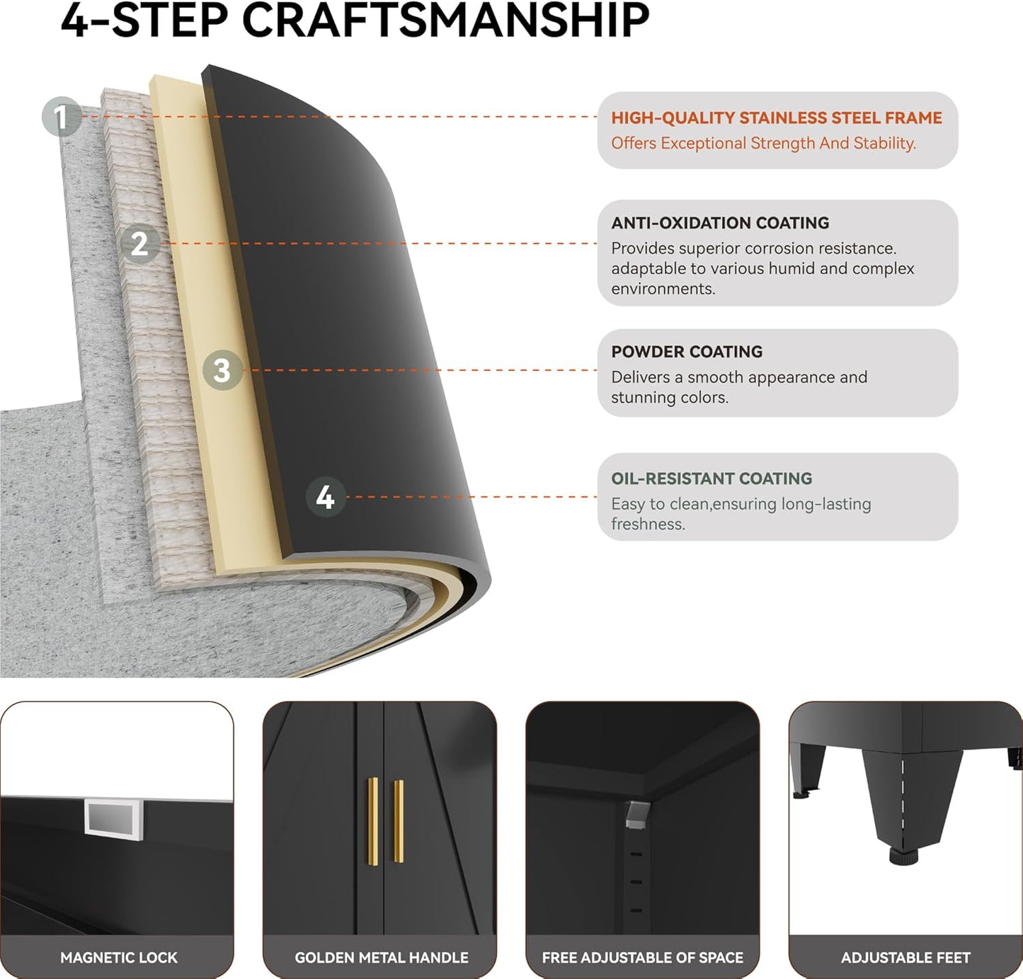 71 "Farmhouse Metal Filing Cabinet with a Drawer and 4 Adjustable Shelves, with 4 Large barn Door White Kitchen Cabinets, Metal Food Cabinets for Home, Kitchen, Dining/Living Room (Black)